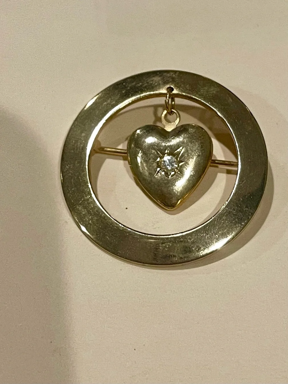 Vintage Gold Heart Locket with Starburst Diamond Flake-Circle Brooch